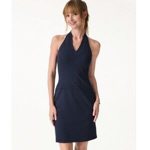 OGL Move Navy Polka Dot Halter Mini Dress Built-in Bra Soft Stretch Cotton Small